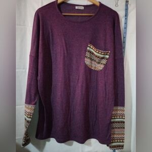 Stylish Purple POGTMM Patterned Accent Pocket Sweater - Size L